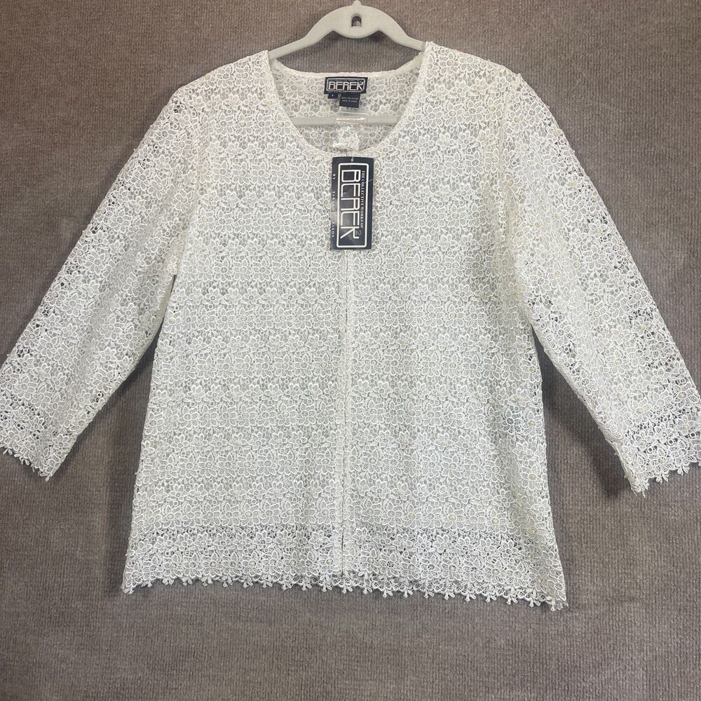 Berek Lace Jacket Women L White Cardigan Beaded Floral Open Front Dressy Elegant